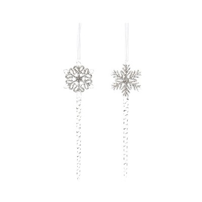 Transpac Glass Tall Skinny Snowflake Ornament Set of 2 Christmas Home Decorations