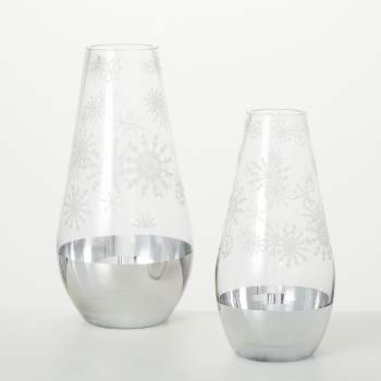9.75"H and 12"H Sullivans Glass Snowflake Vase - Set of 2, Clear