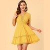INSPIRE CHIC Women's V Neck Smocked Elastic Waist Short Sleeve Boho Crochet Trim Mini Dress - 2 of 4