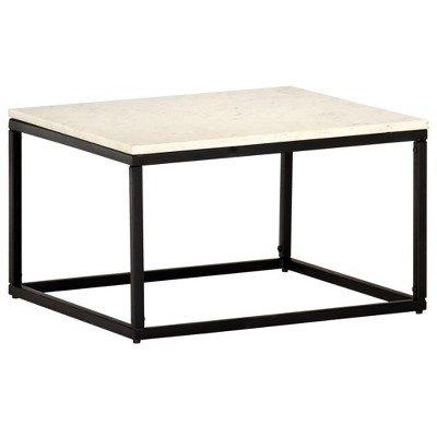 vidaXL White Real Stone Marble Texture Coffee Table - Modern End Table 23.6"x23.6"x13.8" with Black Iron Frame for Living Room, Bedroom, Indoor