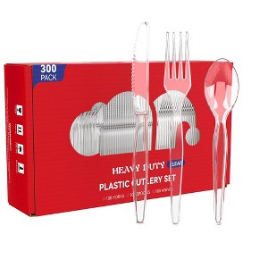 Itopfox 300 Count Clear Plastic Silverware Set, Heavy Duty BPA Free Disposable Cutlery, 100 Forks, 100 Spoons, 100 Knives for Party Supplies - 1 of 4