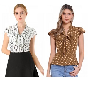 INSPIRE CHIC Women's Polka Dots Tie V Neck Flutter Cap Sleeve Blouse 2 Packs - 1 of 4