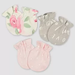 Gerber Baby Girls' 3pk Floral Mittens - White/Gray/Light Pink