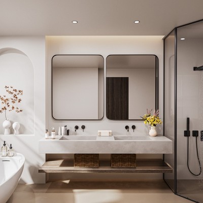 Tempered Glass Rounded Rectangle Framed Wall-Mounted Bathroom Vanity Mirror