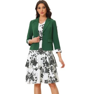 Allegra K Women's Chiffon V Neck Contrast Panel Work Jacket Dress Suit Set 2 Pcs - 1 of 4