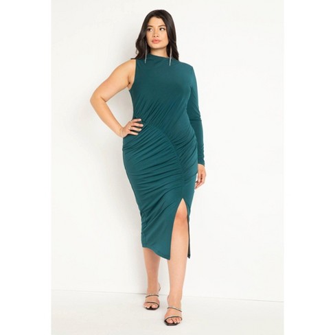 ELOQUII Women s Plus Size One Shoulder Dress With Slit 16 Dark Sea