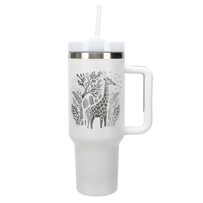 Elanze Designs 40 Ounce Travel Tumbler With Straw and Lid Stainless Steel Double Wall Insulated Floral Safari Giraffe White