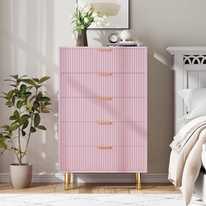 Pink Dresser, Modern 5-Drawer Wooden Chest for Bedroom with Gold Handles, Large Storage Organizer and Double Chest of Drawers - 1 of 4