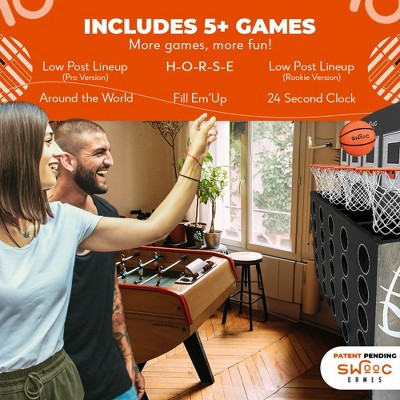 SWOOC Games - Low Post Lineup | Wall Mounted Giant Basketball 4 In A Row w/ 5  Games | Basketball Hoop For Room Wall Games | Mini Game Room Games