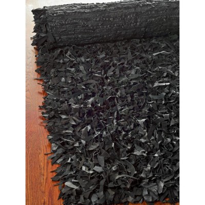 Contemporary Black Leather Hand-Knotted Shag Rug 8' x 10'