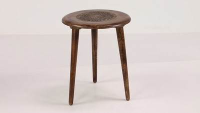 Handcrafted Dark Brown Mango Wood Floral Carved Round Accent Table
