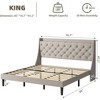 Full Size Bed Frame with Upholstered Wingback Headboard, Luxurious Linen Upholstery Platform Bed with Charging Station, Button Tufted Design, Grey - 2 of 4