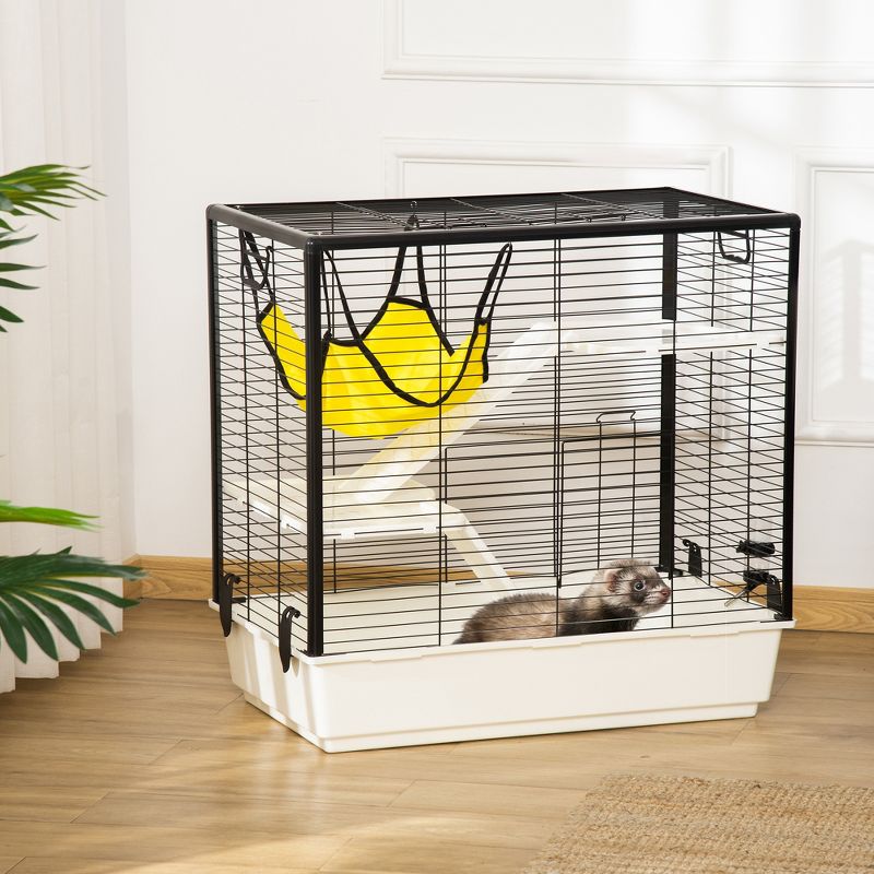 PawHut Small Animal Cage Habitat Indoor Pet Play House for Guinea Pigs Ferrets Chinchillas, With Hammock Balcony Ramp Food Dish, Yellow, 3 of 7