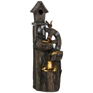 Outsunny 2-in-1 Outdoor Water Fountain with Birdhouse, Outdoor Waterfall Fountain with LED Lights Pump, Resin Outdoor Water Feature, Mixed Color - 1 of 4