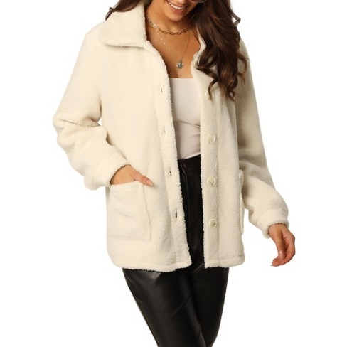 Women's Faux Leather Jacket Cropped Sherpa Fleece Winter Shearling Coat  Lapel Zip Up Outwear with Pockets