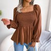 Coolmee Women Casual Square Neck Shirred Lantern Long Sleeve Frill Trim Flared Hem Blouse Shirt Tops - 3 of 4
