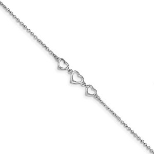 Black Bow Jewelry Rhodium-Plated Sterling Silver Triple Heart Anklet, 10-11 Inch - 1 of 4