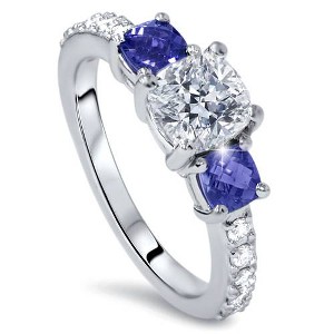 Pompeii3 3.25ct Cushion Diamond & Treated Blue Sapphire Engagement Ring 14k Enhanced - 1 of 4