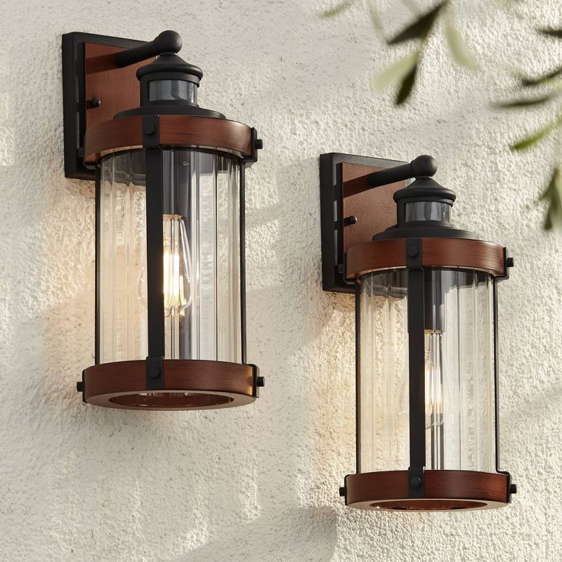 John Timberland Stan Industrial Outdoor Wall Light Fixtures Set of 2 Dark Wood Black Motion Sensor 15 1/2" Clear Glass for Porch Patio, 2 of 9
