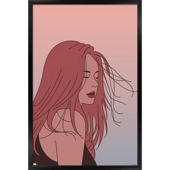 Trends International Hand Drawn Woman With Blowing Hair Framed Wall Poster Prints