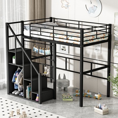 TIRAMISUBEST Twin Size Metal Bed Frame with Storage Staircase and Small Open Wardrobe, Kids Loft Bed with Metal Mesh Board
