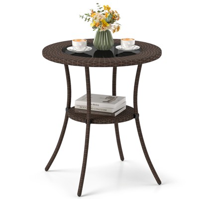 Tangkula Outdoor Side Table with Storage PE Wicker Patio Bistro Table with Tempered Glass Tabletop