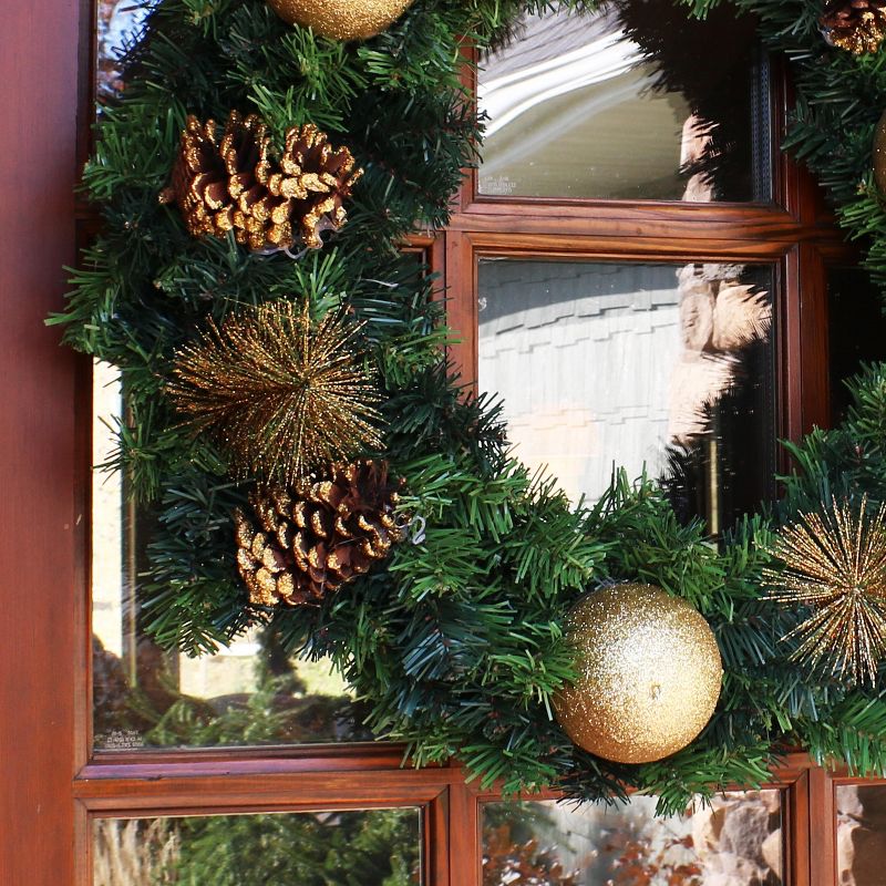 Sunnydaze Indoor/Outdoor Artificial Unlit Christmas Holiday Wreath with Golden Baubles and Pinecones - 24" - Green, 5 of 7