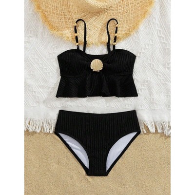 YesFashion Girls’ Ruffled Two-Piece Swimsuit Textured Adjustable Straps Quick-Dry Swimwear,6Y,Black — фото 2
