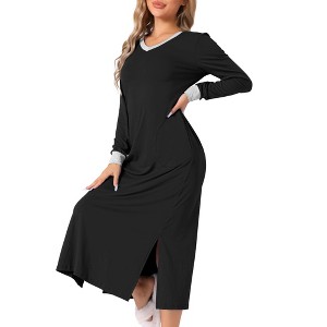 cheibear Women's Long Sleeve V Neck Soft Sleep Dress with Pockets - 1 of 4