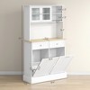 PDTEND 68" White Kitchen Pantry with Charging Station, 2 Tilt-Out Trash Cabinets, Microwave Stand, Glass Doors & Adjustable Shelf - 3 of 4