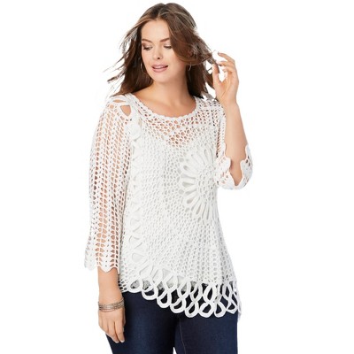 Roaman's Women's Plus Size Starburst Crochet Sweater, 4x - White : Target