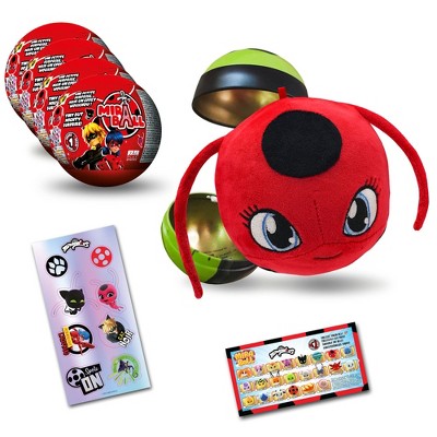 Miraculous Ladybug, 4-1 Surprise Miraball, Toys for Kids with Collectible Character Metal Ball, Kwami Plush, Glittery Stickers and White Ribbon