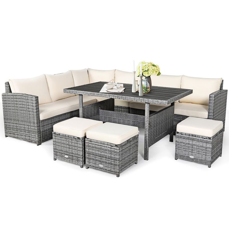 Costway 7 PCS Patio Rattan Dining Set Sectional Sofa Couch Ottoman Garden White\Red\Black, 5 of 11