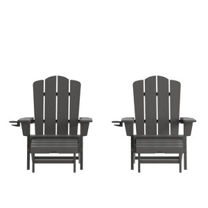 Emma and Oliver Set of 2 Adirondack Chairs with Cup Holders and Pull Out Ottoman, All-Weather HDPE Indoor/Outdoor Lounge Chairs - 1 of 4