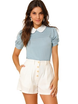 INSPIRE CHIC Women's Vintage Peter Pan Collar Contrast Puff Short Sleeve Blouse