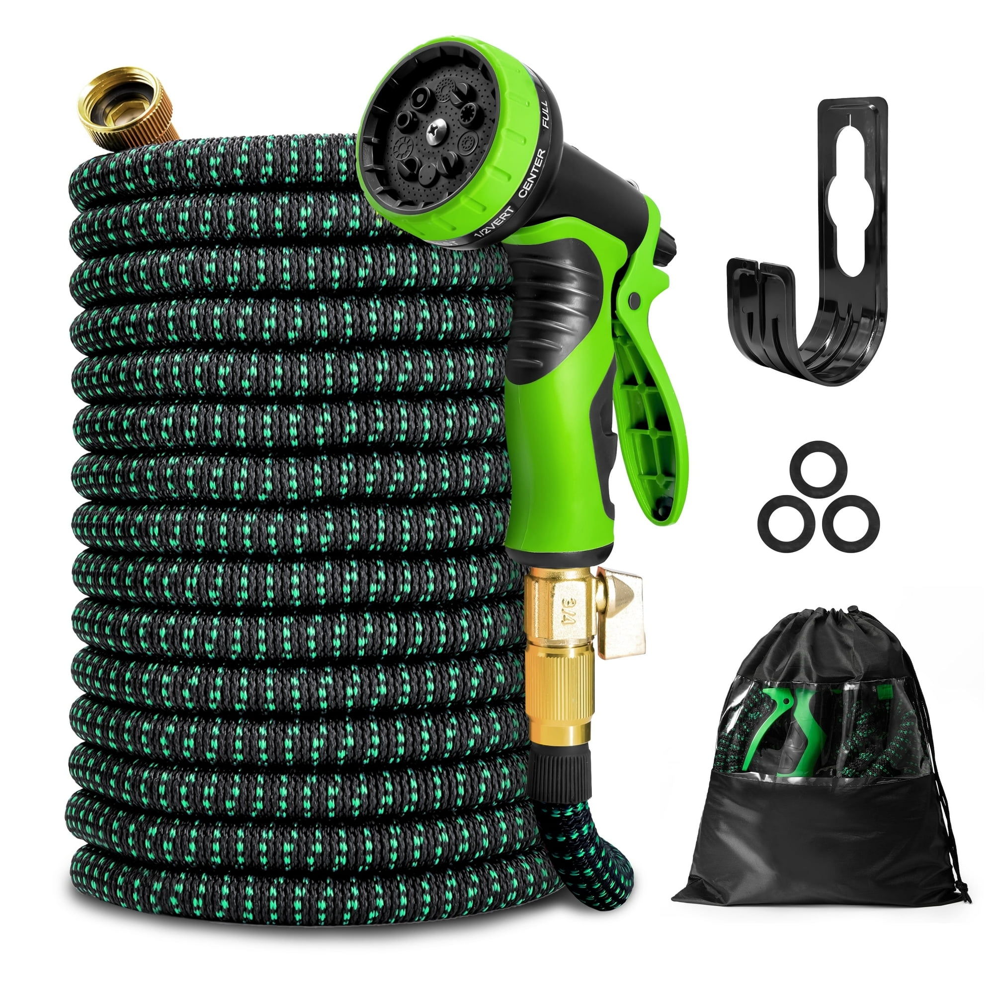 KOTTO Expandable Garden Water Hose, 10 Spray Nozzles, Anti-Rust Solid Brass Connector, Lightweight No-Kink Flexible - Green 100ft