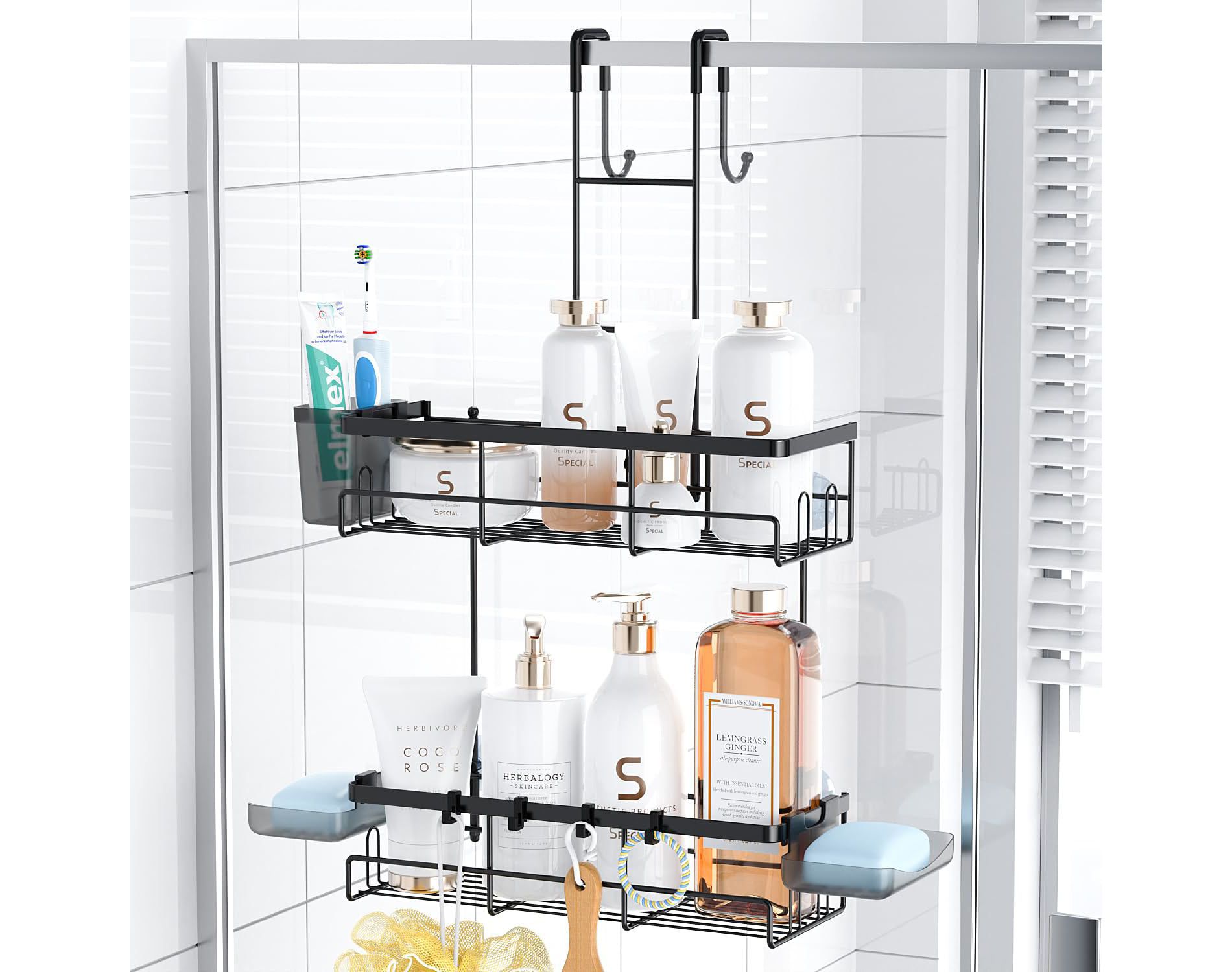 Aoibox Over the Door Shower Caddy Hanging: Rustproof Shower Organizer with No Drilling Bathroom Rack for Inside, Includes Soap Holders & Hooks