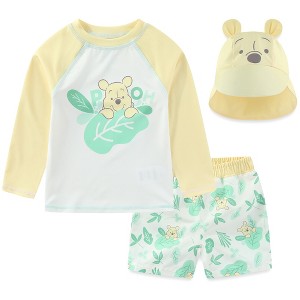 Disney Winnie The Pooh Baby Boys UPF 50+ Rash Guard, Swim Trunks and Sun Hat with Ears 3 Piece Bathing Suit Set for Infants - 12M - 1 of 4