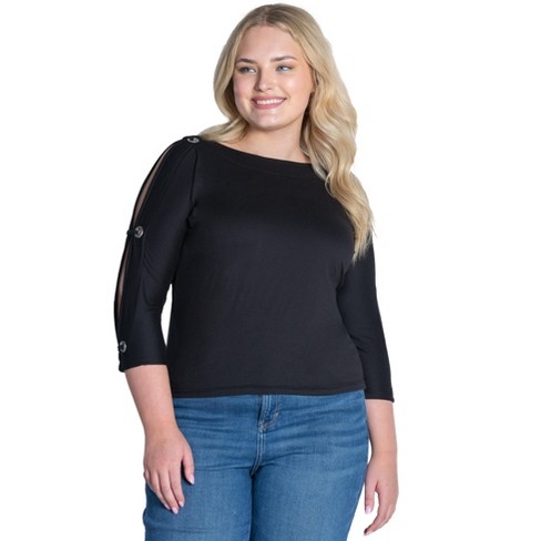 Womens Plus Size Three Quarter Sleeve Boatneck Cold Shoulder  Top-P0062126-Black