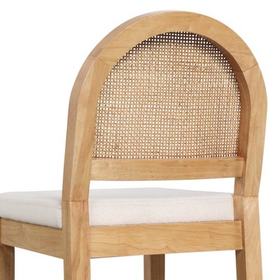 Light Oak and Rattan Counter Height Bar Stools with Boucle Seats, Set of 2