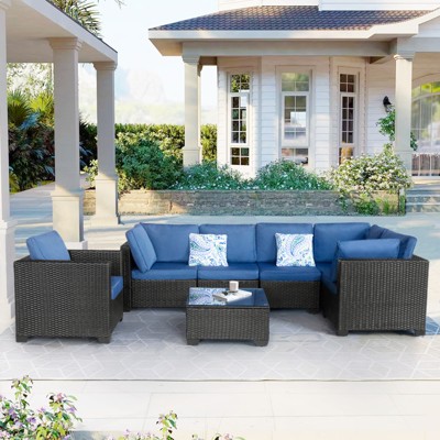 FIONECA 7-Piece Outdoor Sectional Patio Furniture Set with Cushions, Conversation Set for Backyard, Garden, Porch & Poolside ¨C Dark Blue