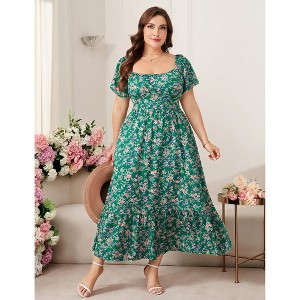 fitted lace wedding dress In Bloom Satin Floral Smocked Prairie Boho Surplice Pocket Maxi Dress main image 1