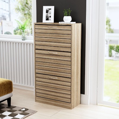 Brown Wood Grain 3-Tier Shoe Storage Rack with Metal Handles