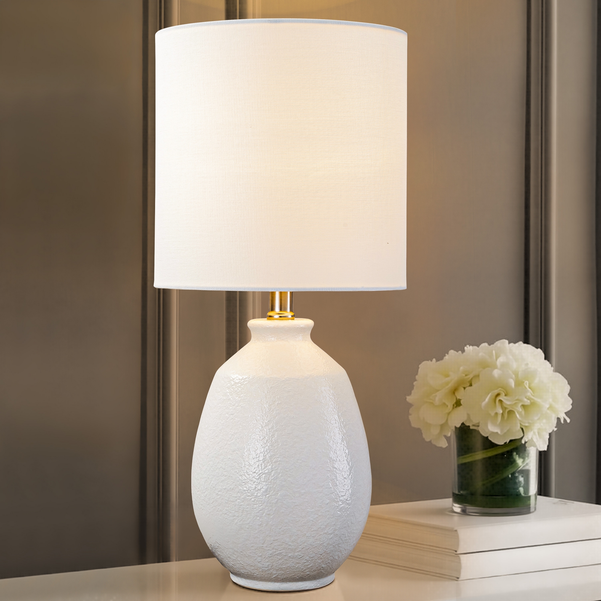 C Cattleya 19.75in. White Bubble Glaze Ceramic Table Lamp with White Linen Shade and Brushed Nickel Lamp Neck
