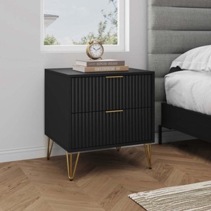20" Modern Black 2 Drawer Nightstand with Fluted Design and Metal Legs, Pre-Assembled Bedside Table for Small Spaces -3irtyhousy - 1 of 4