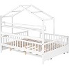 Full Size House Bed with Trundle and Storage Shelves Kids Montessori Bed with Fence Rails Wood Playhouse Tent Bed Frame for Girls Boys, White - 4 of 4
