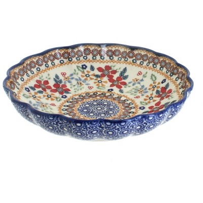 Blue Rose Polish Pottery Red Daisy Medium Scallop Bowl