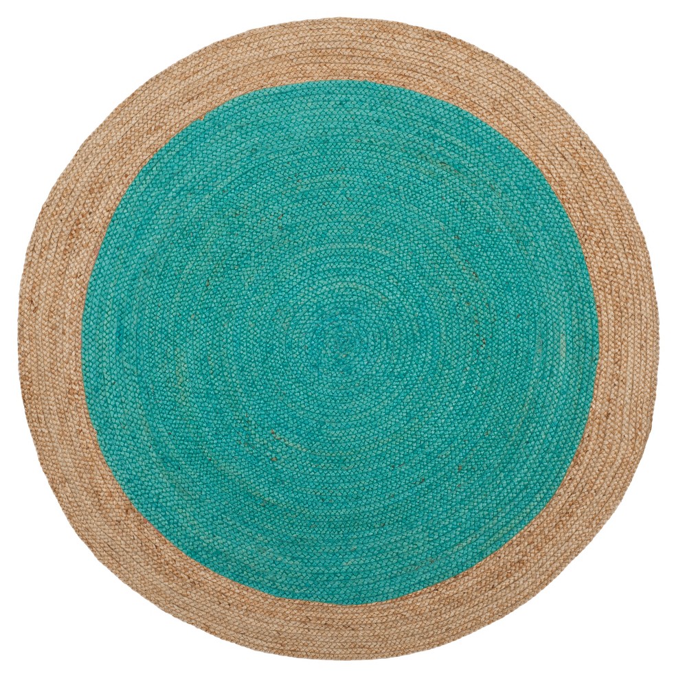 Teal/Natural Solid Woven Round Area Rug 5' - Safavieh