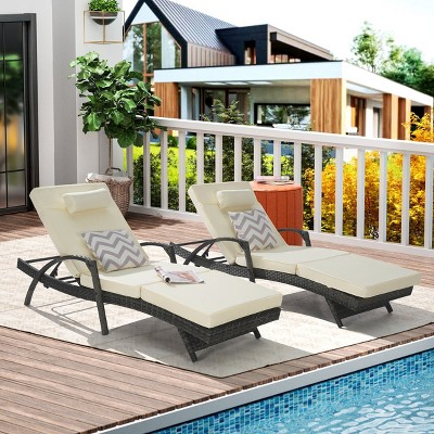 Outdoor Patio Recliner Set of 2,Rattan Adjustable Recliners With Cushion And Armrest,Outdoor Furniture Set For Poolside,Garden-Cuddlewood