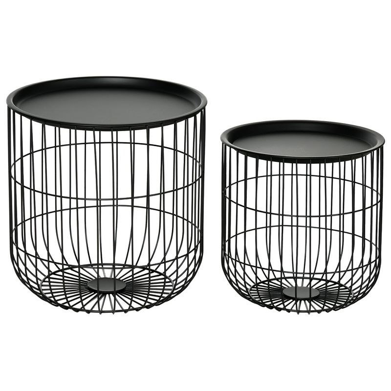 HOMCOM Nesting Tables, Round Coffee Table Set of 2 with Steel Wired Basket Body and Removable Top, Stacking Tables for Living Room, Black, 4 of 7